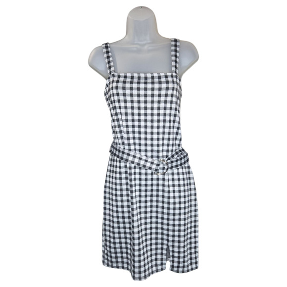 Just Polly Wom Jrs LG Plaid Sleeveless Dress Black Gray Check Belted Party Dress - Picture 1 of 10